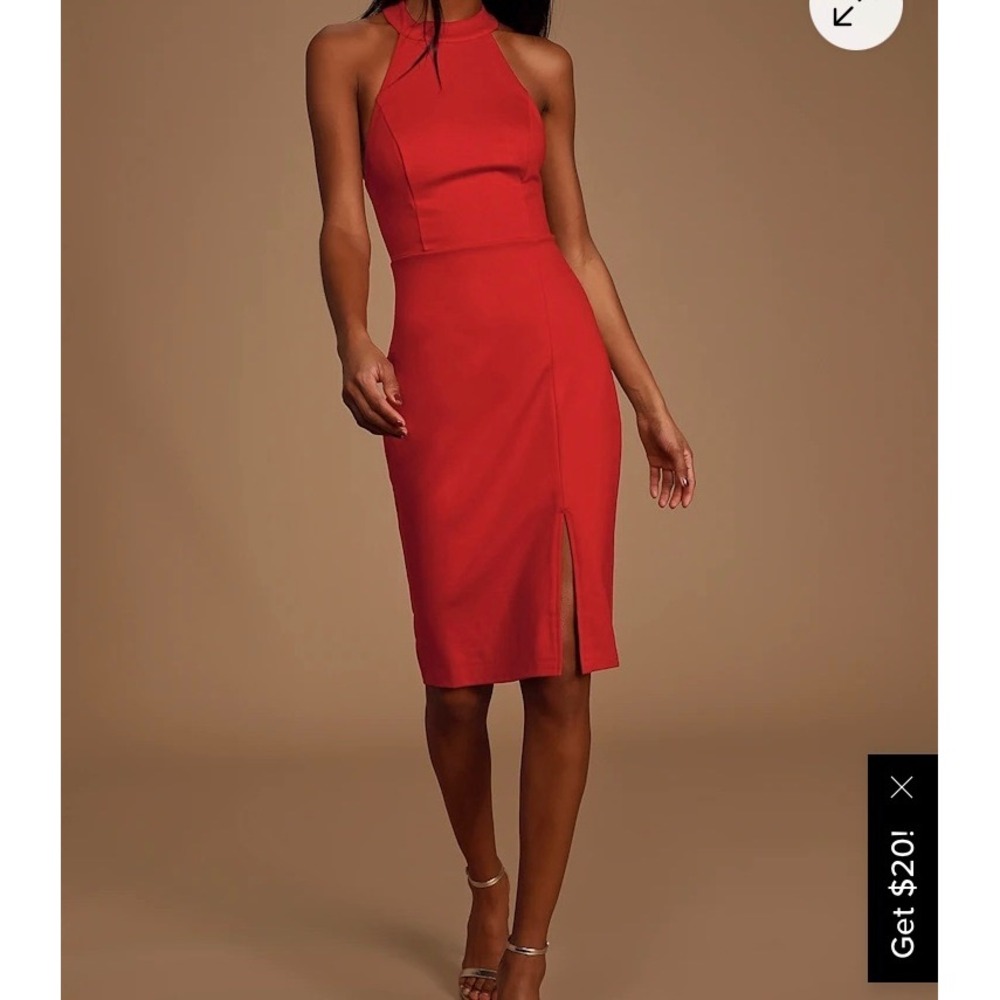 Lulus Red Halter Open Back Midi Sheath Dress 68073 XL Womens Cocktail Bold Sexy